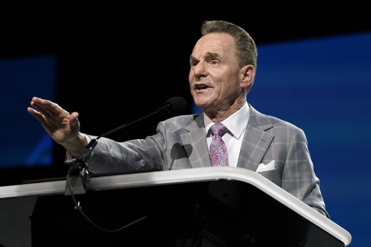 FILE - In this June 15, 2021, file photo, Ronnie Floyd, president and CEO of the Executive Committee of the Southern Baptist Convention, delivers the executive committee report during the annual denomination's annual meeting in Nashville, Tenn. Floyd is resigning after weeks of internal division over how best to handle an investigation into the denomination's response to sexual abuse reports. Floyd announced his departure Thursday, Oct. 14, in a statement critical of recent decisions related to the third-party review that is getting underway. He said he will leave the post at the end of the month.