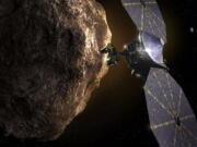 The Lucy spacecraft approaching an asteroid.