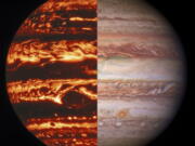 This combination of images shows the planet Jupiter seen by the Juno probe's microwave radiometer, left, and in visible light, captured by the Gemini Observatory. (NASA/JPL-Caltech/SwRI/MSSS; Kevin M.