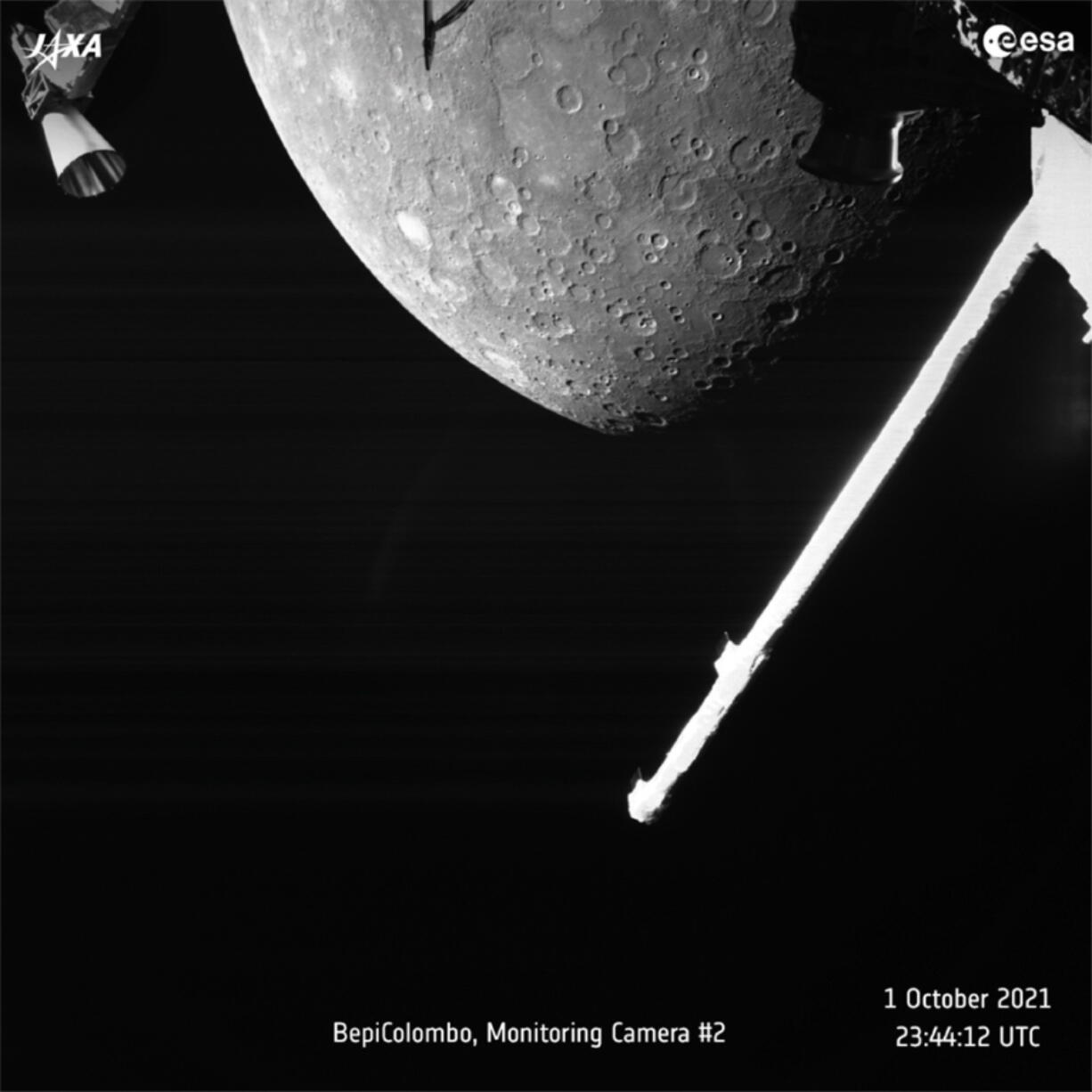 This image made available by the European Space Agency (ESA) shows planet Mercury taken by the joint European-Japanese BepiColombo spacecraft Mercury Transfer Module's Monitoring Camera 2, Friday, Oct. 1, 2021.