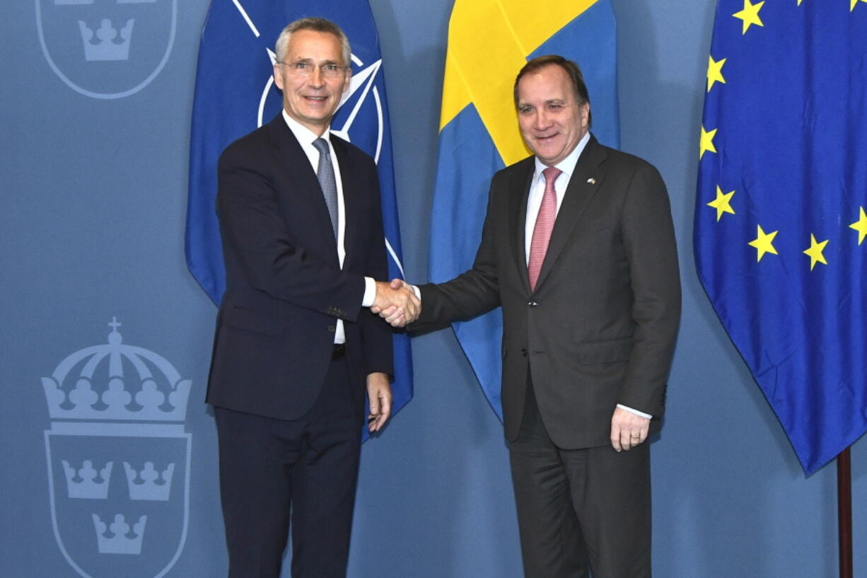 NATO Secretary General Jens Stoltenberg meets with Swedish prime minister Stefan Lofven in Stockholm, Sweden, Tuesday, Oct. 26, 2021.