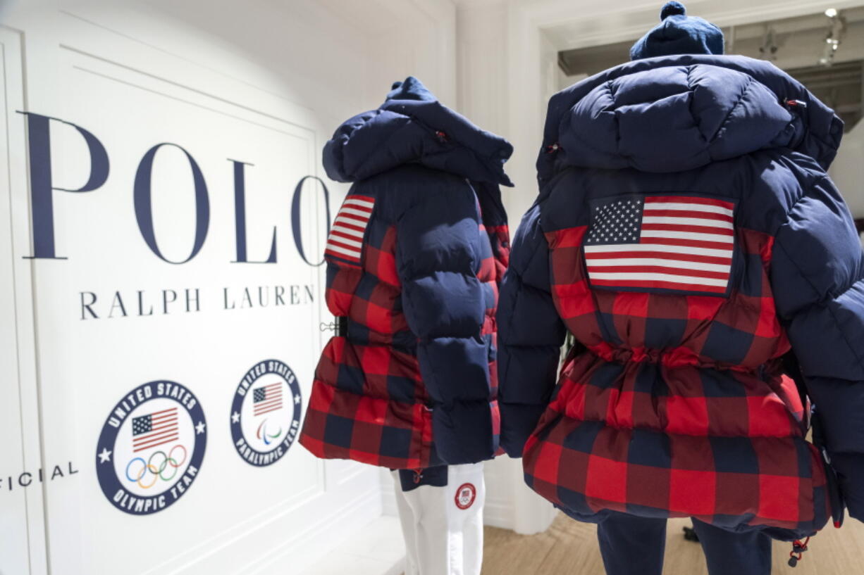 The Team USA Beijing winter Olympics closing ceremony uniforms designed by Ralph Lauren are displayed on Wednesday, Oct. 27, 2021, in New York.