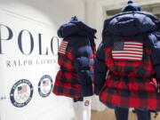 The Team USA Beijing winter Olympics closing ceremony uniforms designed by Ralph Lauren are displayed on Wednesday, Oct. 27, 2021, in New York.