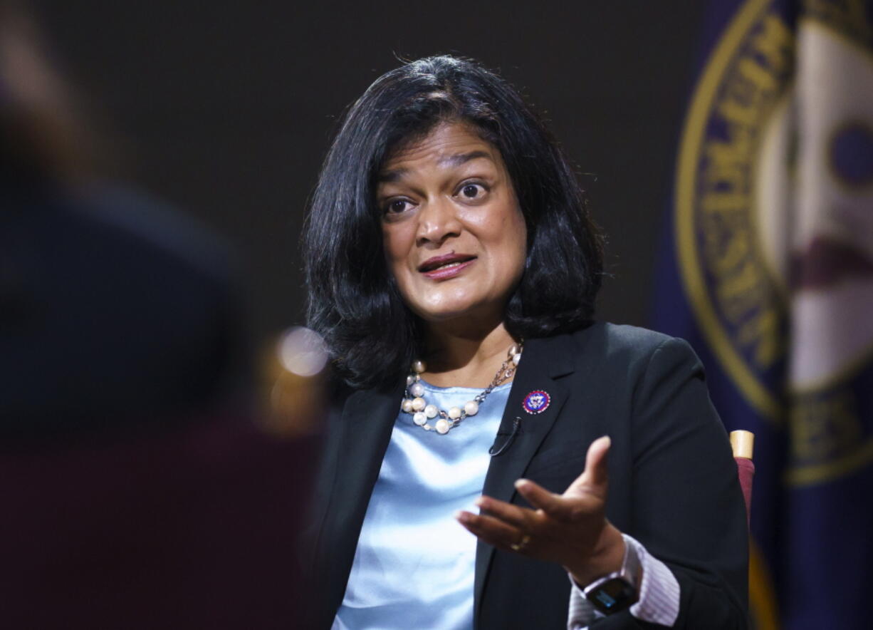 Rep. Pramila Jayapal, D-Wash., chair of the nearly 100-member Congressional Progressive Caucus, talks to The Associated Press about her goals as a champion of human rights issues, and President Joe Biden's domestic agenda, at the Capitol in Washington, Thursday, Oct. 7, 2021. Now in her third term, Jayapal represents Washington's 7th District and is the first South Asian-American woman elected to the House of Representatives. (AP Photo/J. Scott Applewhite) (J.