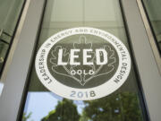The LEED Gold certification icon is seen at the entrance to the Broadway Tower, Portland's newest modern mixed-used tower.