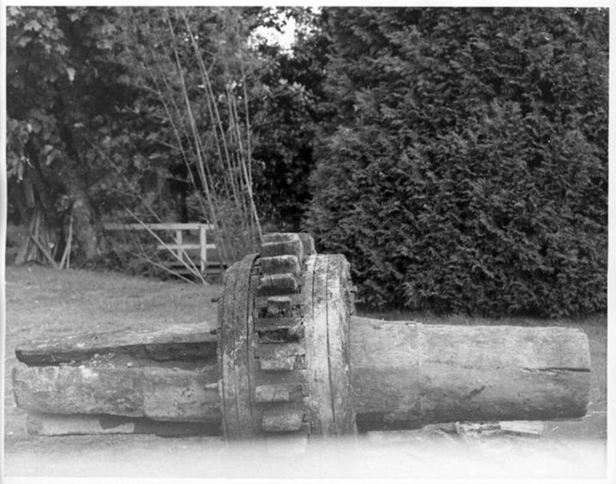 This gear is all that remains of Fort Vancouver's first sawmill, which was located near the present day Columbia Springs environmental education center. One end of this gear would attach to a waterwheel (or turbine) and the other side turned a large circular or muley saw.