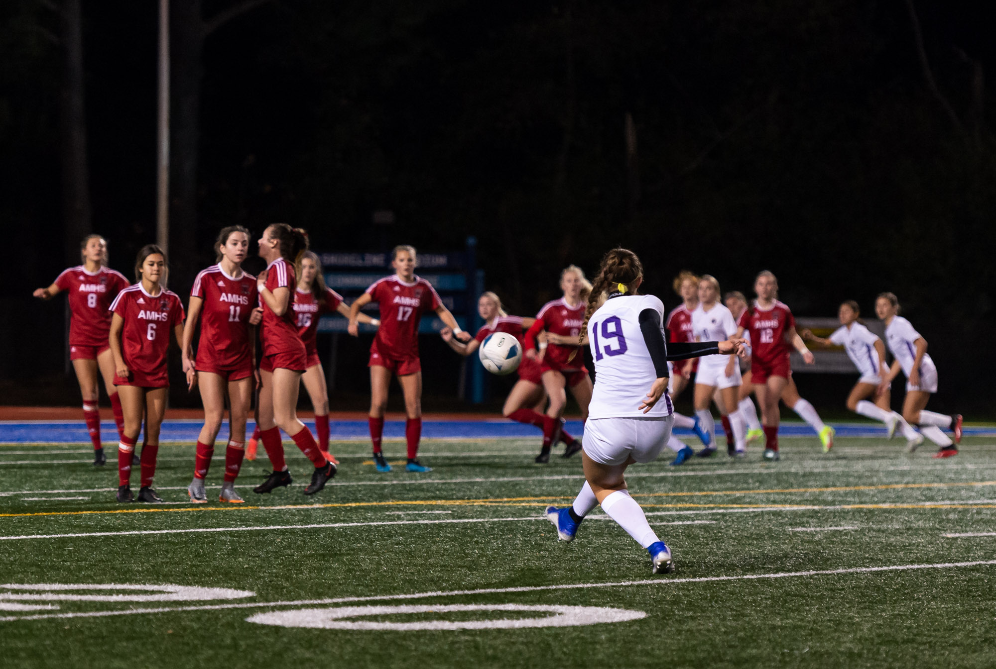 Columbia River's Ava Lapinskas kicks a go-ahead goal in a 2A State soccer semifinal on Friday, Nov. 19, 2021, at Shoreline Stadium.