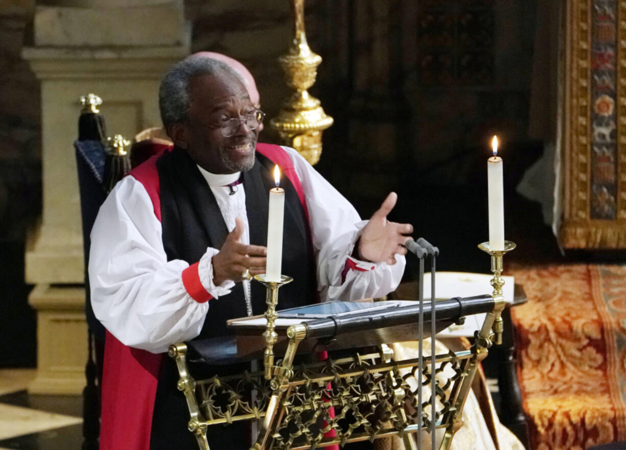 The Most Rev. Bishop Michael Curry, primate of the Episcopal Church, gives an address during the wedding of Prince Harry and Meghan Markle in St. George's Chapel at Windsor Castle on May 19, 2018, in Windsor, England.