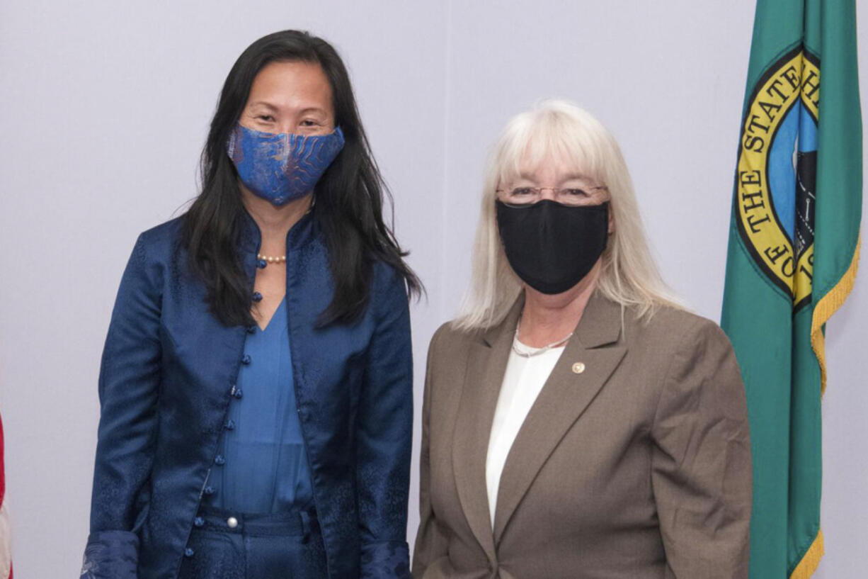 In this photo provided by the U.S. Senate Photographic Studio, Sen. Patty Murray, D-Wash., right, poses with Tana Lin in Washington on June 9. The U.S. Senate on Oct. 21 confirmed civil rights attorney Tana Lin as a federal judge in Seattle. Lin, the president of the board of the American Civil Liberties Union of Washington, will be the first former public defender and the first Asian American to serve as a federal judge in Washington state, said Democratic Sen. Patty Murray. (John Shinkle/U.S.