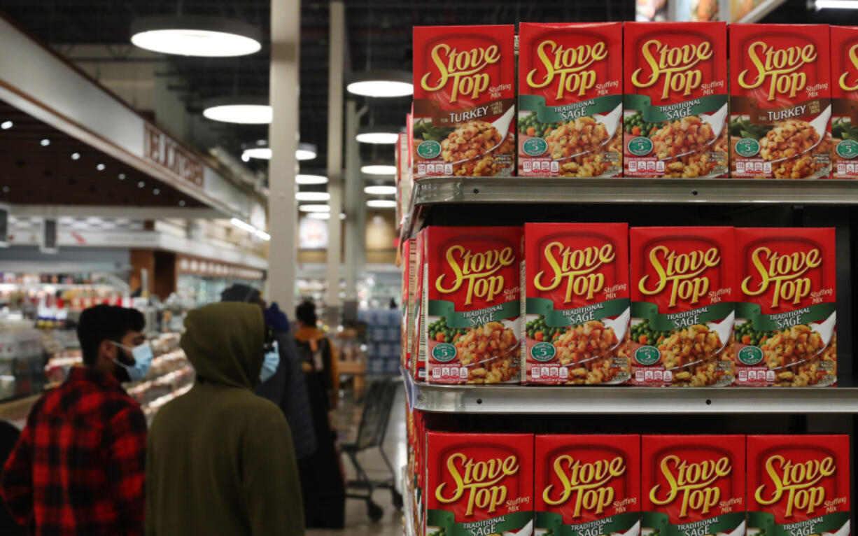 Stuffing mix is stocked and on display for Thanksgiving dinner items on Nov. 2, at a Pete's Fresh Market in Glen Ellyn, Ill. (John J.