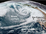 An unusually deep low-pressure system and an atmospheric river as seen from space on the afternoon of Sunday, Oct.