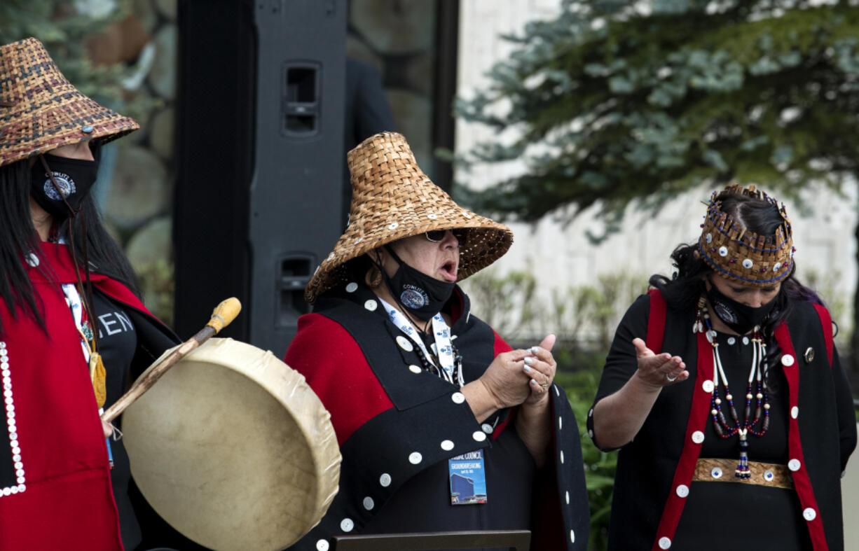 The Cowlitz Indian Tribe drum group chants before a hotel groundbreaking ceremony on April 23, 2021, at ilani on the Cowlitz Indian Reservation. The casino broke ground Friday on a 14-story luxury hotel.