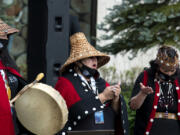 The Cowlitz Indian Tribe drum group chants before a hotel groundbreaking ceremony on April 23, 2021, at ilani on the Cowlitz Indian Reservation. The casino broke ground Friday on a 14-story luxury hotel.