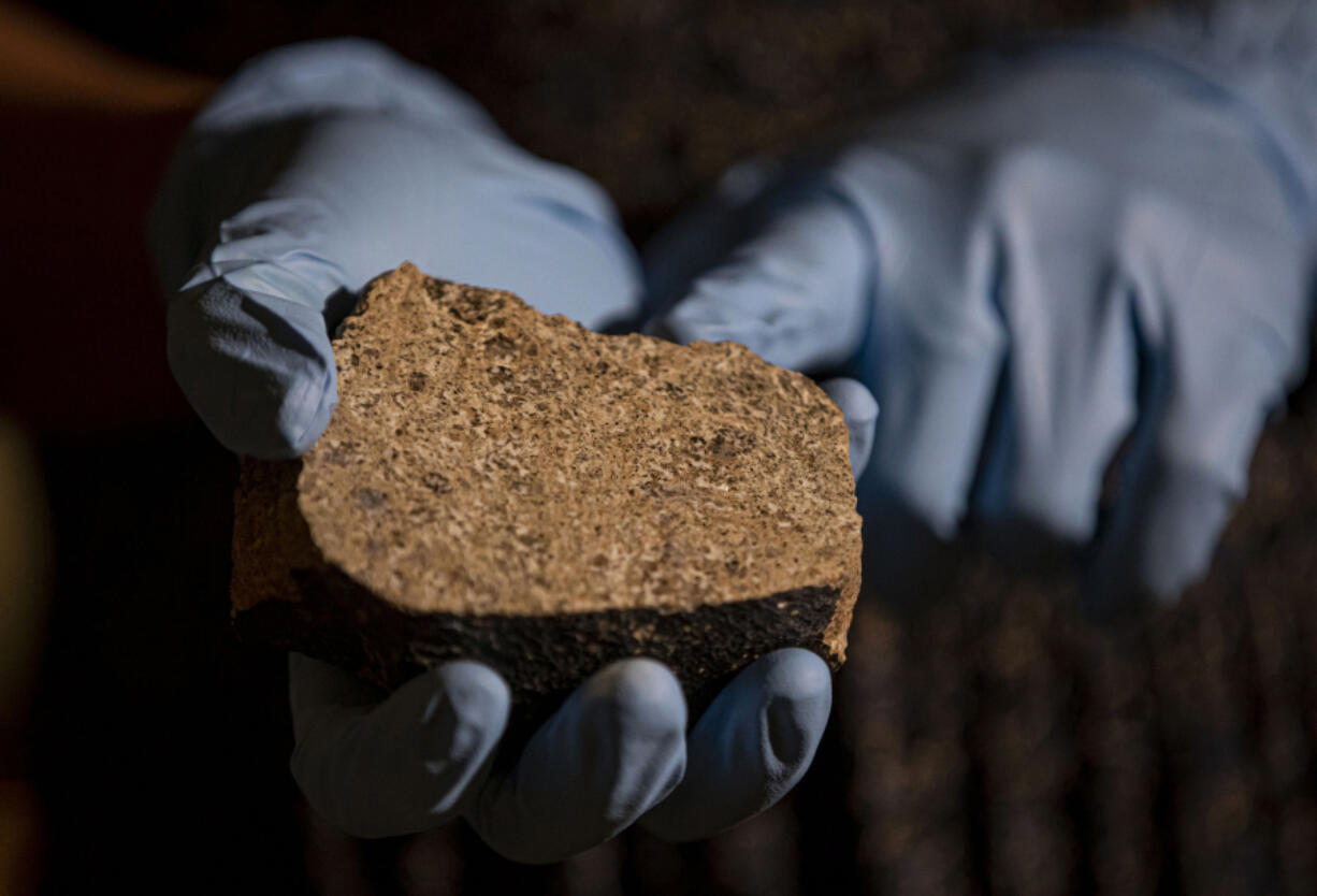 A researcher holds pieces of a meteorite that they identified as coming from the asteroid Vesta, on June 30, 2021, at the Field Museum in Chicago.