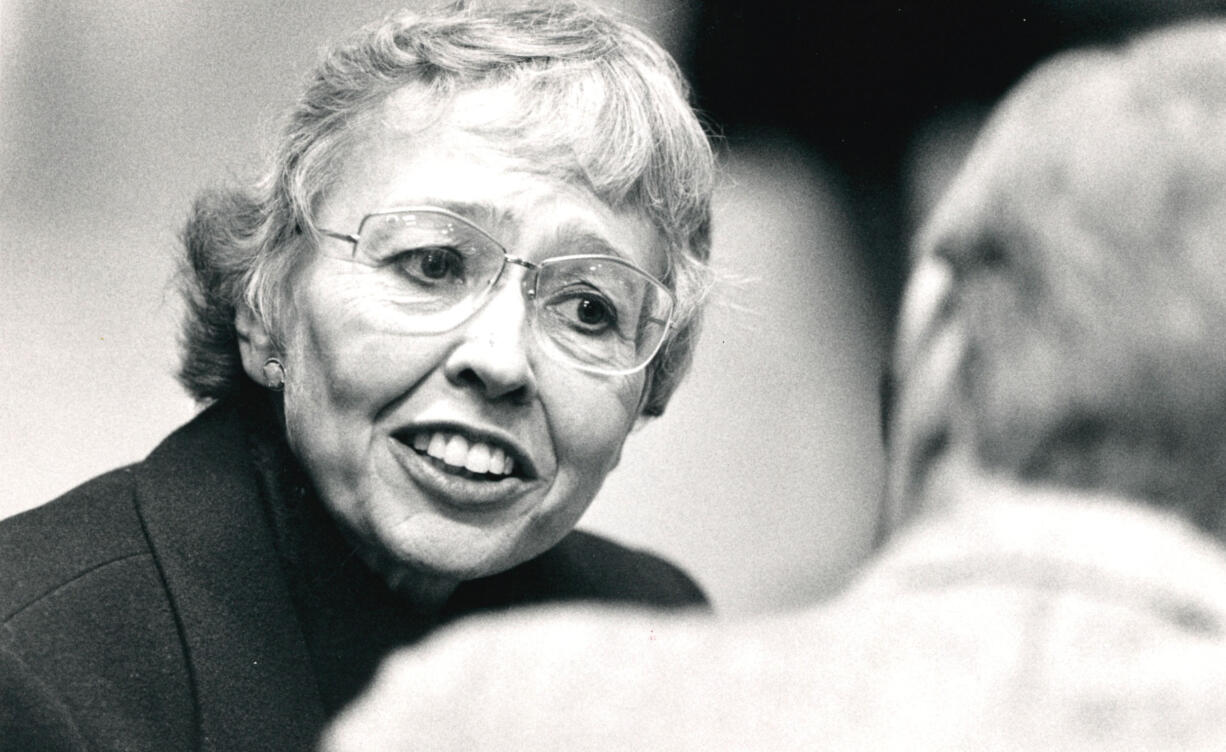 Jolene Unsoeld talks to a supporter at Clark College on the night before the general election, Nov. 8, 1988.