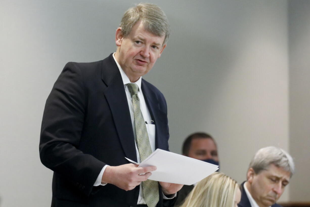 Defense attorney Kevin Gough speaks during the trial of Greg McMichael and his son, Travis McMichael, and a neighbor, William "Roddie" Bryan at the Glynn County Courthouse, Friday, Nov. 19, 2021, in Brunswick, Ga.  The three are charged with the February 2020 slaying of 25-year-old Ahmaud Arbery.