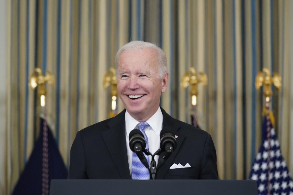 President Joe Biden speaks about the bipartisan infrastructure bill in the State Dinning Room of the White House, Saturday, Nov. 6, 2021, in Washington.