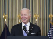 President Joe Biden speaks about the bipartisan infrastructure bill in the State Dinning Room of the White House, Saturday, Nov. 6, 2021, in Washington.