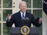 President Joe Biden speaks during a ceremony to pardon the national Thanksgiving turkey in the Rose Garden of the White House, in Washington, Friday, Nov. 19, 2021.