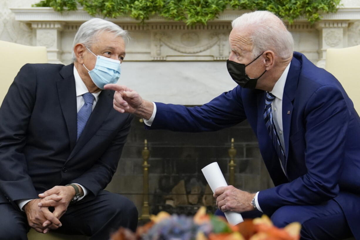 President Joe Biden meets with Mexican President Andr?s Manuel L?pez Obrador in the Oval Office of the White House in Washington, Thursday, Nov. 18, 2021.