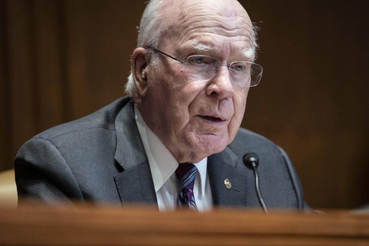 FILE -- Sen. Patrick Leahy, D-Vt., questions FBI Director Christopher Wray as he testifies before the Senate Appropriations Subcommittee on Commerce, Justice, Science, and Related Agencies on Capitol Hill in Washington, Wednesday, June 23, 2021.  Leahy of Vermont is set to make an announcement about his political future on Monday, Nov. 15. The 81-year-old senator planned a news conference at the Vermont State House before returning to Washington on Monday.