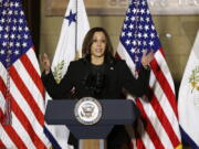 Vice President Kamala Harris speaks about the recently signed infrastructure law will benefit Ohioans after touring the Plumbers and Pipefitters Union Local 189 Friday, Nov. 19, 2021, in Columbus, Ohio.