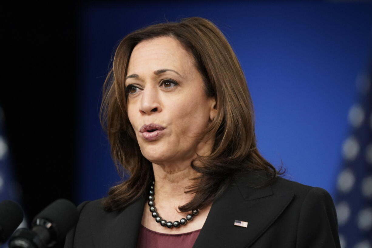 Vice President Kamala Harris speaks at the Tribal Nations Summit in the South Court Auditorium on the White House campus, Tuesday, Nov. 16, 2021, in Washington.