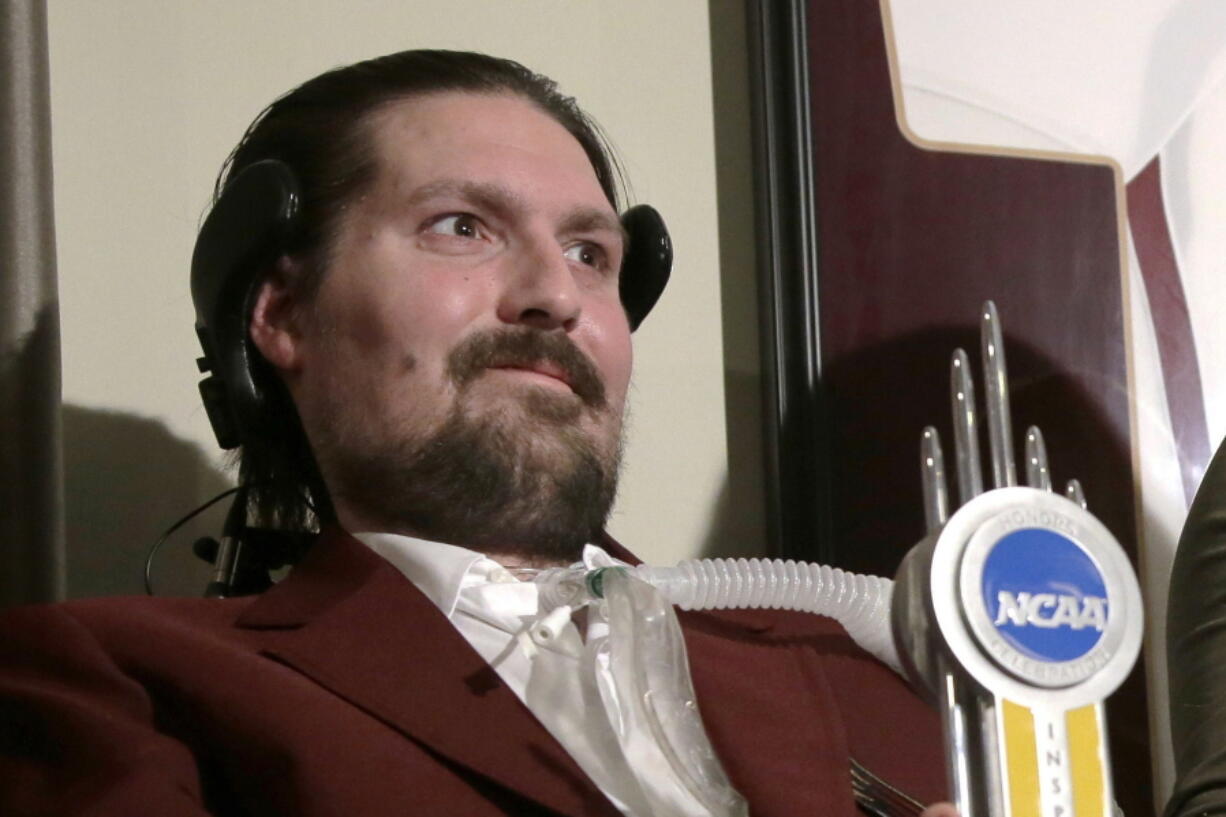 Former Boston College baseball captain Pete Frates smiles after he was presented with the annual NCAA Inspiration Award on Dec.