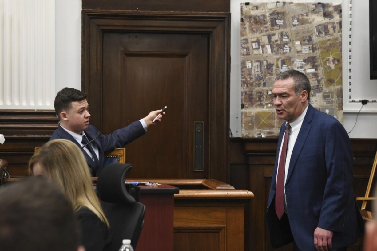 Kyle Rittenhouse testifies in his trial at the Kenosha County Courthouse in Kenosha, Wis., on Wednesday, Nov. 10, 2021.  Rittenhouse is accused of killing two people and wounding a third during a protest over police brutality in Kenosha, last year.  Rittenhouse is accused of killing two people and wounding a third during a protest over police brutality in Kenosha, last year.