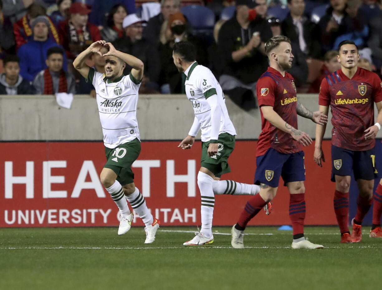 Portland Timbers midfielder Sebastian Blanco (10) celebrates a goal against Real Salt Lake during an MLS soccer match Wednesday, Nov. 3, 2021, in Sandy, Utah.