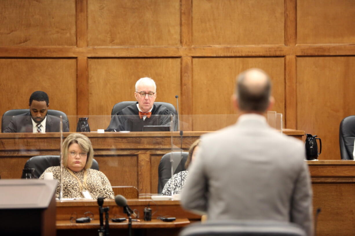 Circuit Judge Daniel Hall hears arguments from attorney Mark Tinsley during a hearing over prominent South Carolina attorney Alex Murdaugh's assets on Friday, Oct. 29, 2021, in Chesterfield, S.C. Hall said he will rule on whether to freeze Murdaugh's assets next week.