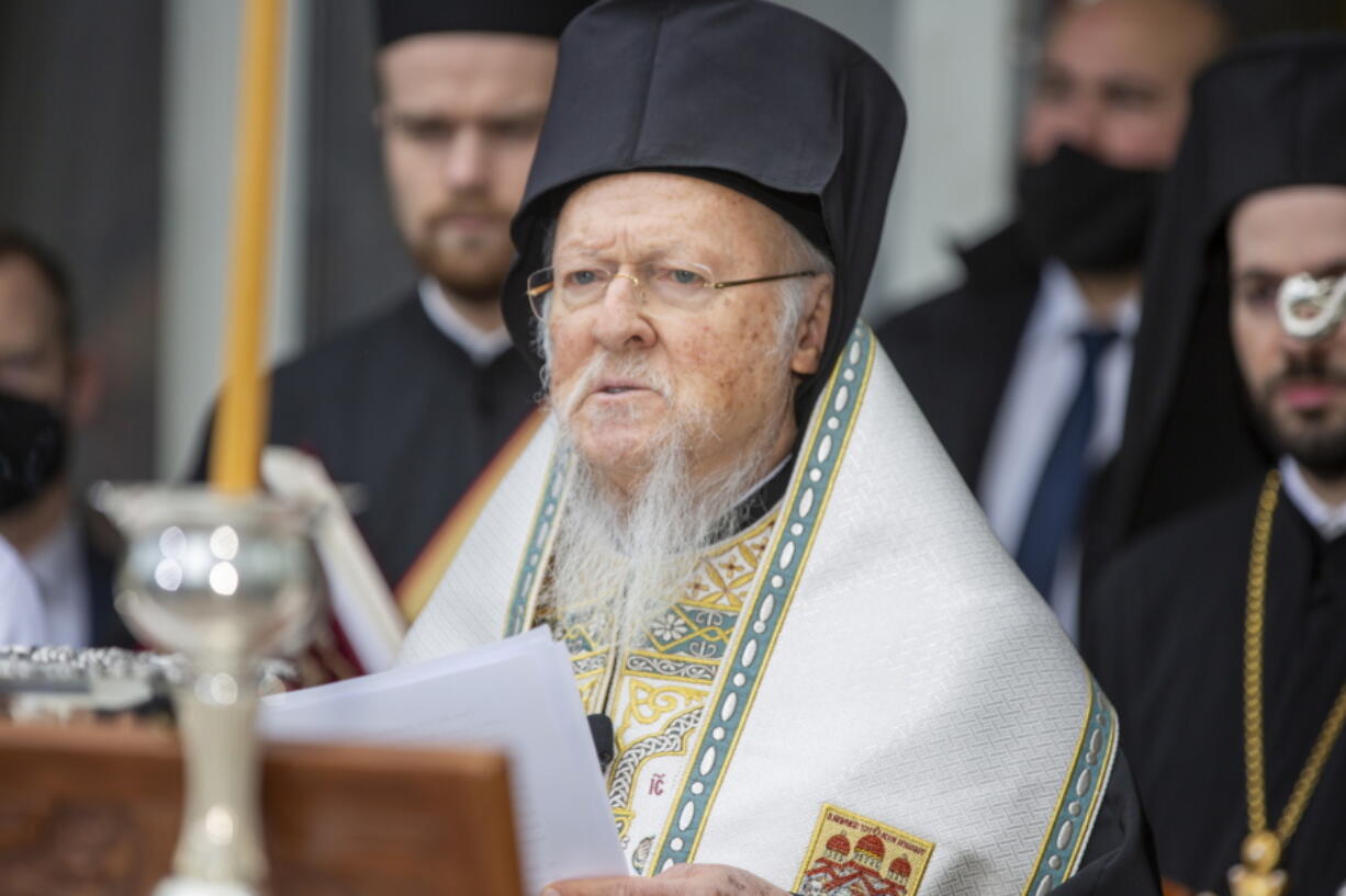 FILE - Ecumenical Patriarch Bartholomew leads the official door-opening ceremony of lower Manhattan's St. Nicholas Greek Orthodox Church on Tuesday, Nov. 2, 2021. The spiritual leader of Eastern Orthodox Christians was recovering in a New York hospital Thursday, Nov. 4, 2021, a day after a medical procedure delayed his return home to Turkey at the end of a U.S. visit.