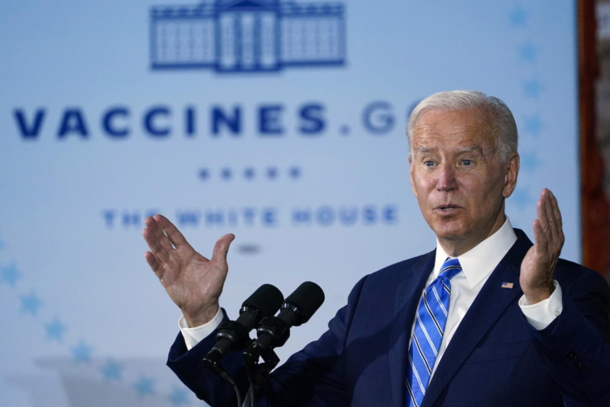 FILE - President Joe Biden speaks about COVID-19 vaccinations after touring a Clayco Corporation construction site for a Microsoft data center in Elk Grove Village, Ill., Thursday, Oct. 7, 2021. The fate of Biden's vaccine mandate for larger private employers may come down to a lottery that determines which federal circuit court will consider the matter. Conservative groups have filed challenges to the rule in right-leaning courts, while unions that argue the rule doesn't go far enough have done so in left-leaning courts. The multiple cases are expected to be consolidated, and it will be up to a random drawing - expected on Tuesday, Nov.