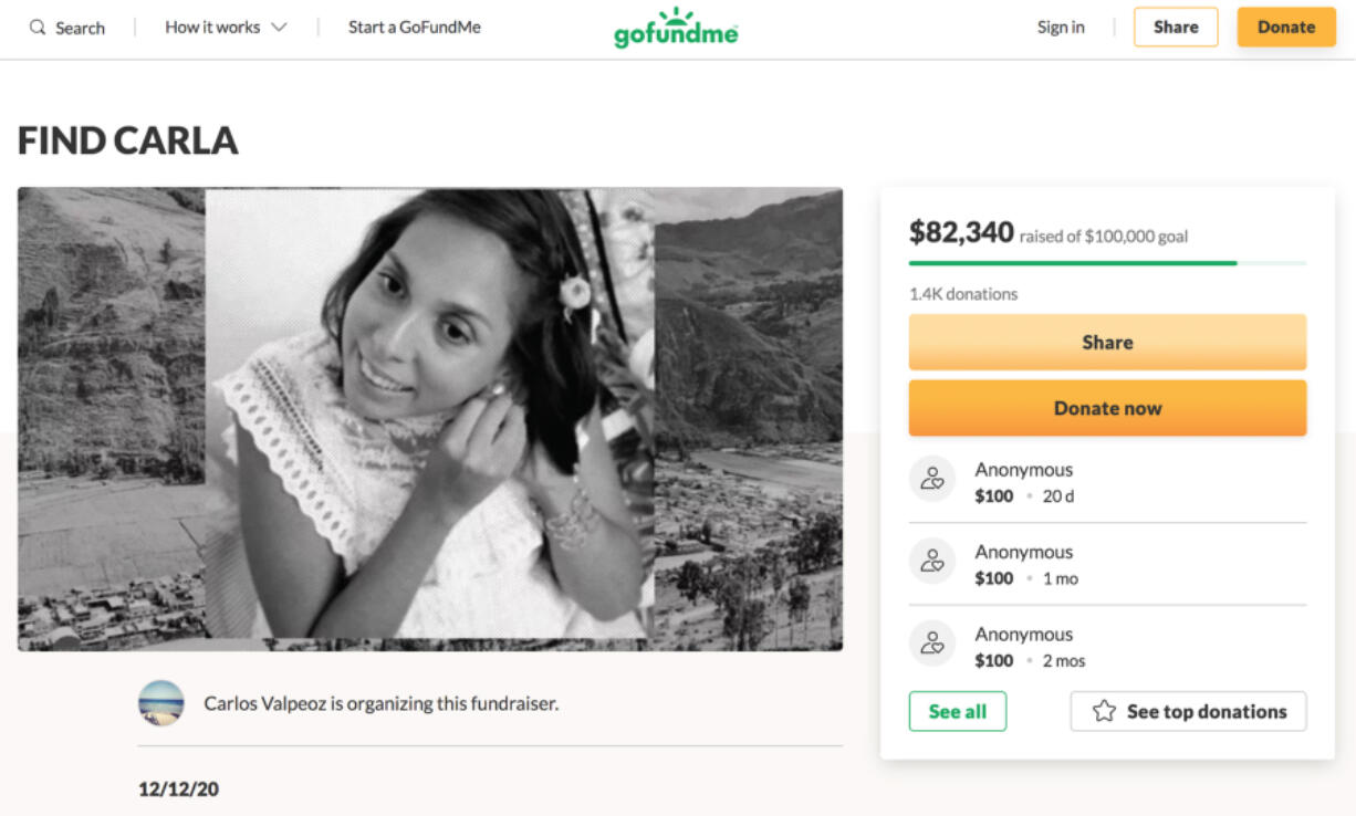 A screenshot of a GoFundMe site set up for Carla Valpeoz, a Detroit woman who went missing three years ago in Peru.