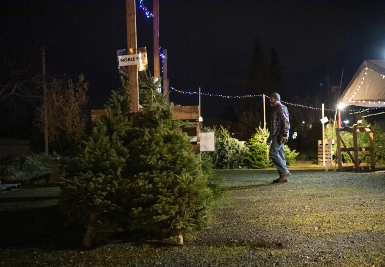 Collin Petersen of Vancouver walks around a Boy Scout-run Christmas tree lot Tuesday at Chase Bank on Northwest 78th Street.