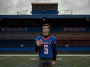 Ridgefield High senior Ty Snider, who is our All-Region football player of the year, is pictured at his school?s stadium Friday morning, Dec. 10, 2021.