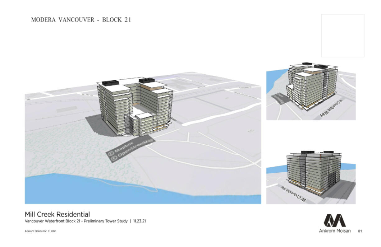 The Modera Vancouver building will be on Block 21, on the northwestern corner of the Waterfront Vancouver development. It will provide 14 stories of mostly apartments. Construction is expected to start in August of next year, said Sam Rodriguez, senior managing director of Mill Creek Residential, the developer of the project. It will be the third tallest building (apart from grain silos and other non-occupied structures) in the city.