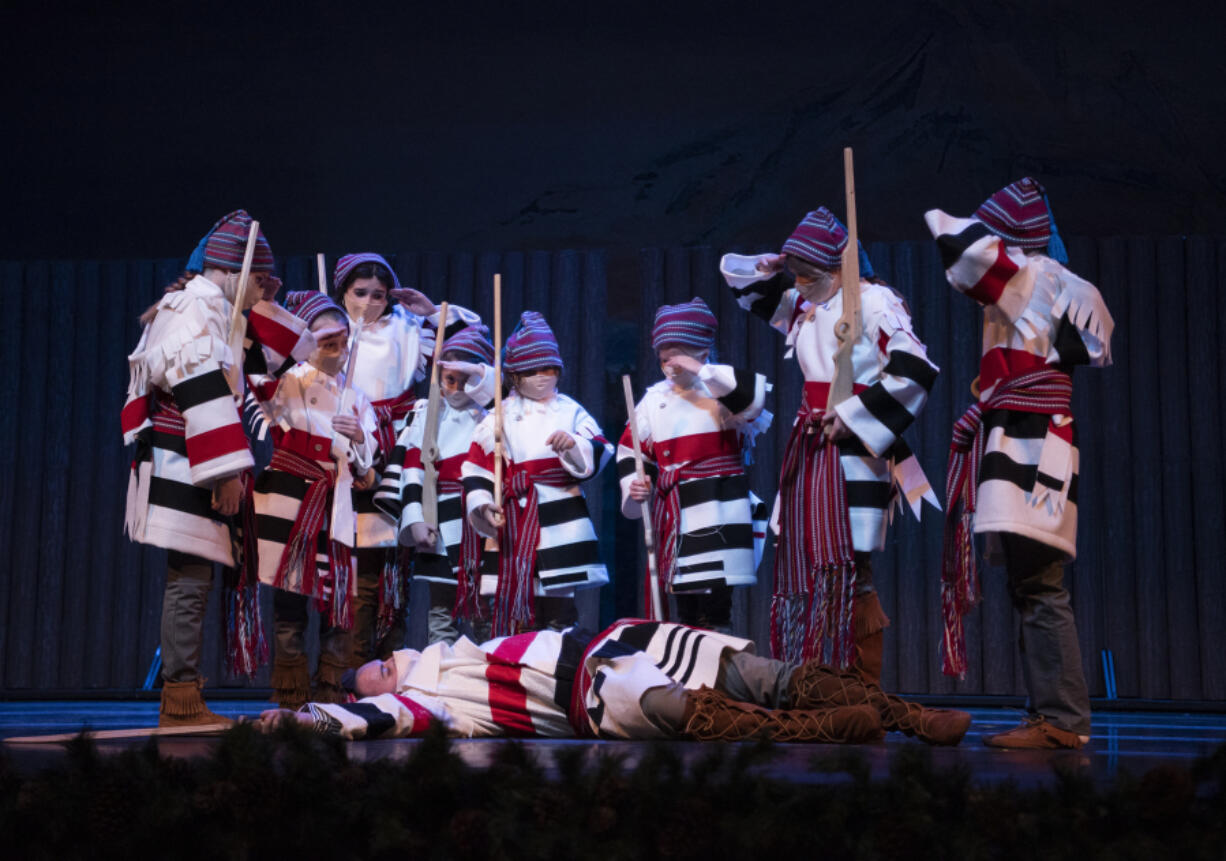 Fur trappers salute a fallen member during dress rehearsal Dec. 14 for a Fort Vancouver-inspired version of "The Nutcracker" by Columbia Dance at Skyview High School.