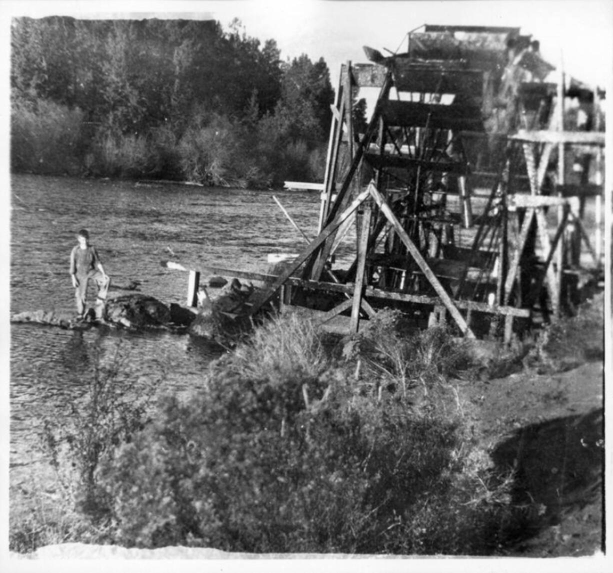 Fish wheels, like the one in this 1903 photo along the Washougal River, floated on deeper rivers with salmon runs from 1866 until they were banned in 1934. Today, they are used to catch salmon for research because the fish can be returned unharmed to the river. Alaska’s Copper River is the only place in the U.S. today that permits fish wheels.