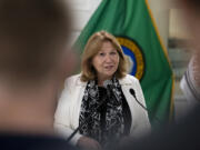 Vancouver mayor Anne McEnerny-Ogle speaks during the Our Community Salutes ceremony on Saturday, April 24, 2021, at the Fort Vancouver Artillery Barracks. The event honored more than 100 future military service members from throughout the region.