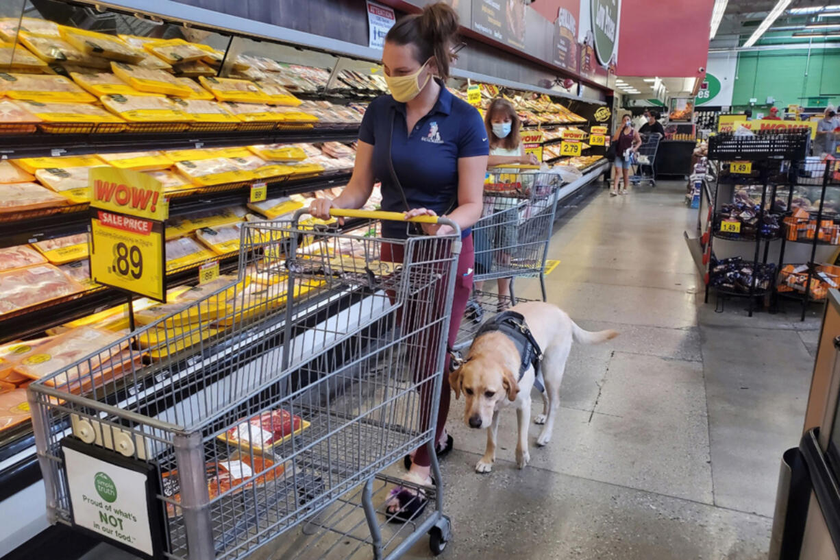 Air Force veteran Danyelle Clark-Gutierrez and her service dog, Lisa, shop for food at a grocery store.