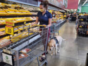 Air Force veteran Danyelle Clark-Gutierrez and her service dog, Lisa, shop for food at a grocery store.