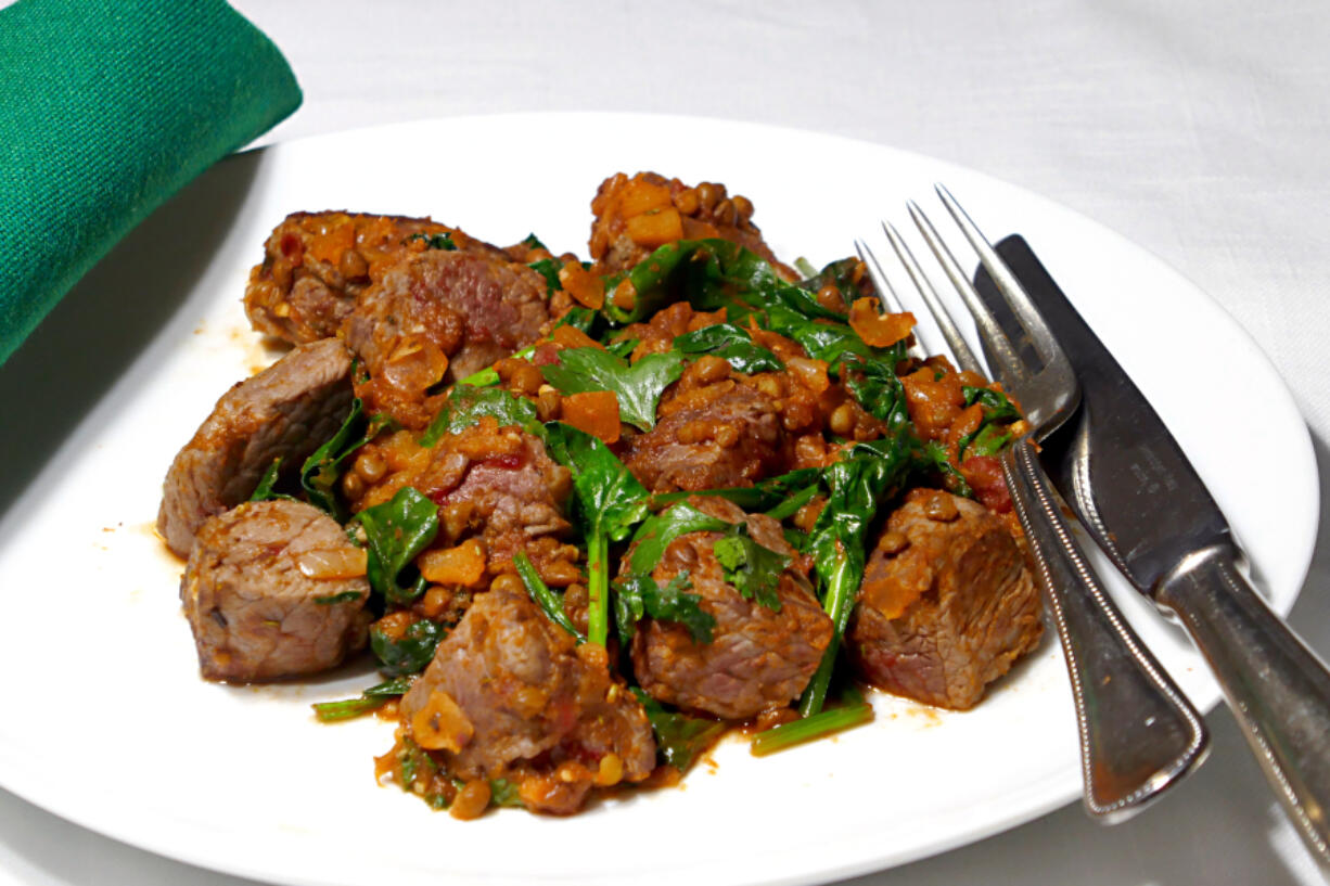 Skillet lamb and lentils.