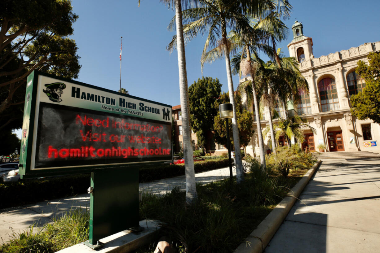 Exterior of Hamilton High School on Oct. 26, 2021 in Los Angeles's Palms neighborhood. Santa Monica-Malibu Unified School District Supt. Ben Drati sent a message to his school community clarifying that a social media threat at Santa Monica High School was investigated and not related to threats at other schools, including Hamilton High School.