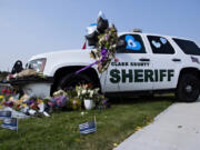 A Clark County Sheriff's vehicle is decorated in honor of Sgt. Jeremy Brown outside ilani casino Aug. 3.