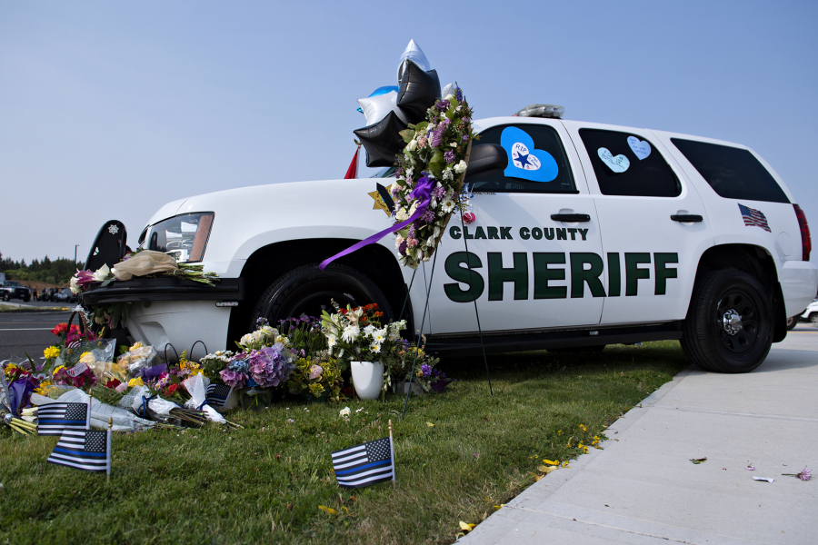 A Clark County Sheriff's vehicle is decorated in honor of Sgt. Jeremy Brown outside ilani casino Aug. 3.