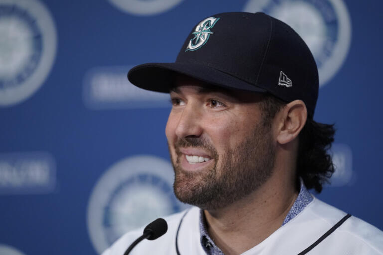 Seattle Mariners pitcher Robbie Ray speaks Wednesday, Dec. 1, 2021, during a news conference in Seattle. The AL Cy Young Award winner — who previously pitched for the Toronto Blue Jays — signed a five-year contract with the Mariners. (AP Photo/Ted S.