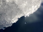 FILE - A drop of water falls off an iceberg melting in the Nuup Kangerlua Fjord near Nuuk in southwestern Greenland, Tuesday, Aug. 1, 2017. According to a report by the U.S. National Oceanic and Atmospheric Administration released on Tuesday, Dec. 14, 2021, the Arctic continues to deteriorate from global warming, not setting as many records this year as in the past, but still changing so rapidly that federal scientists call it alarming.