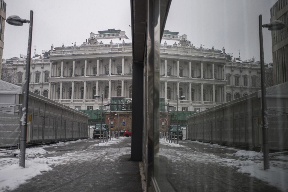 Palais Coburg where closed-door nuclear talks take place reflected in a window in Vienna, Austria, Thursday, Dec. 09, 2021.