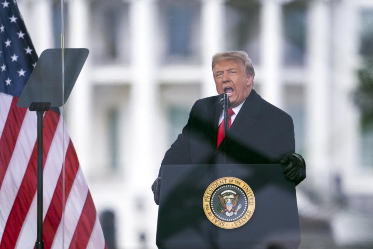 FILE - President Donald Trump speaks during a rally protesting the electoral college certification of Joe Biden as President in Washington on Jan. 6, 2021. Whatever decision the U.S. Court of Appeals for the District of Columbia Circuit reaches on whether Congress should receive former President Donald Trump's call logs, drafts of speeches and other documents related to the Jan. 6 insurrection at the U.S. Capitol, the battle over executive privilege will likely end up with the Supreme Court.